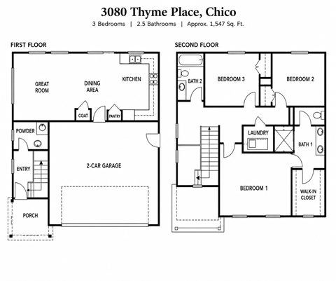 Floor plan for 3 beds, 2.5 baths, 1547 sqft